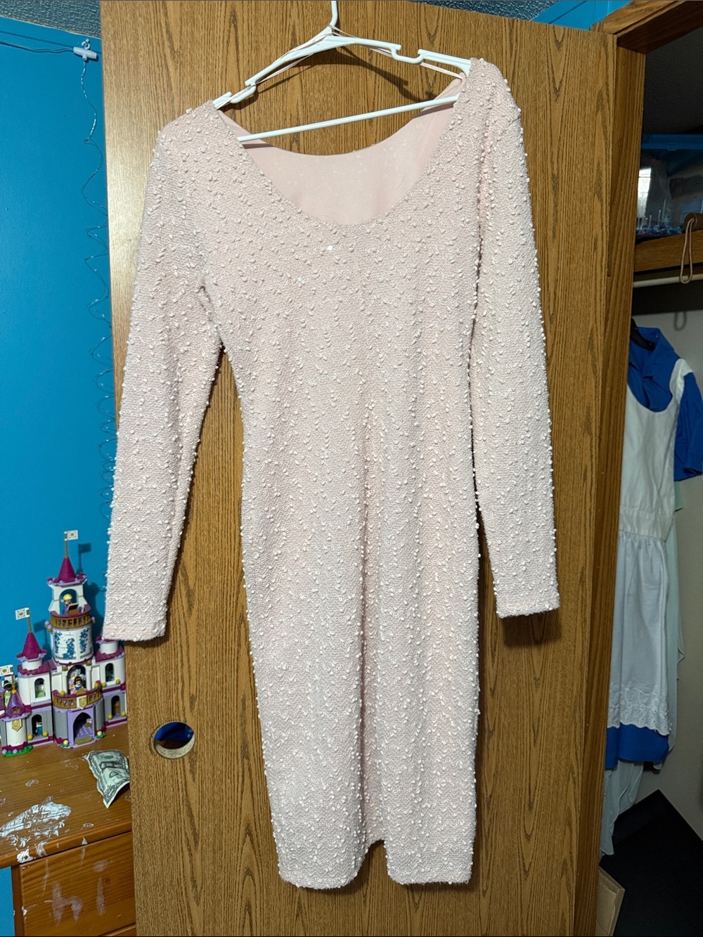 Jennifer Lopez Pale Pink Long-Sleeve Beaded Sheath Dress
